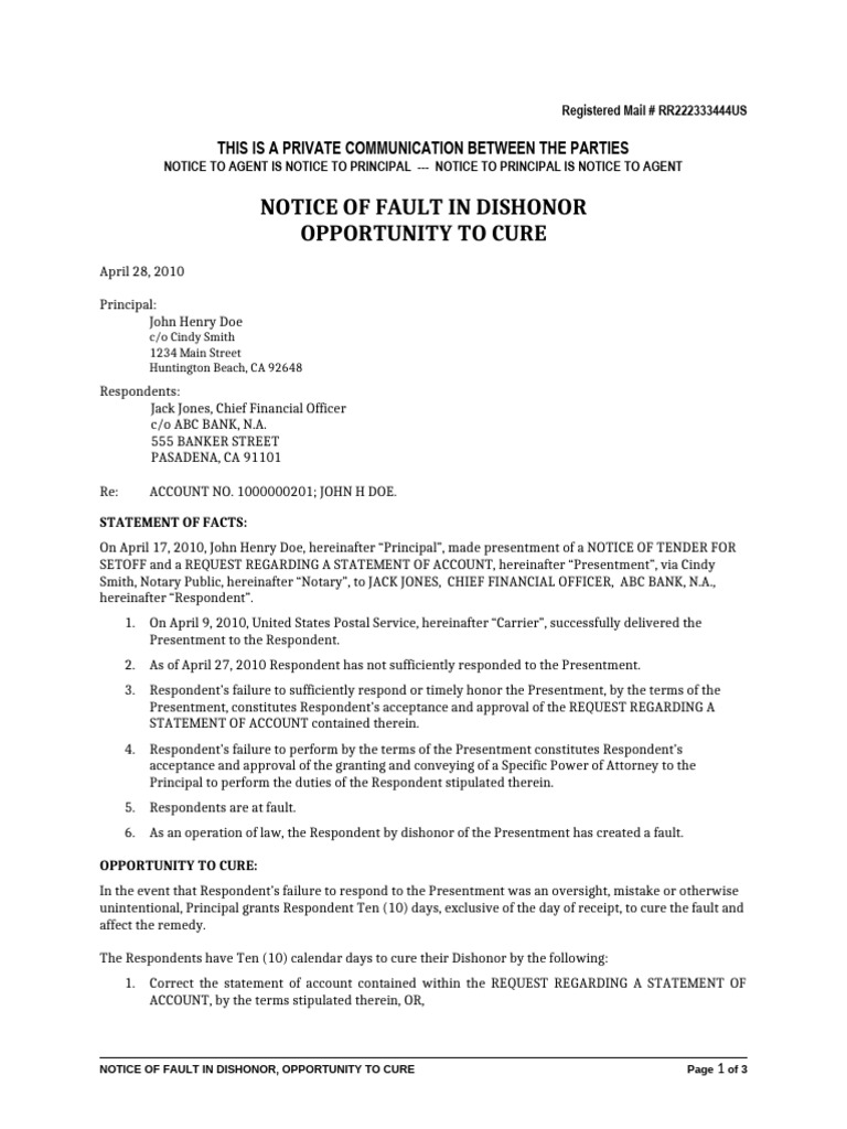 Notice of Fault and Opportunity to Cure | PDF | Registered Mail ...