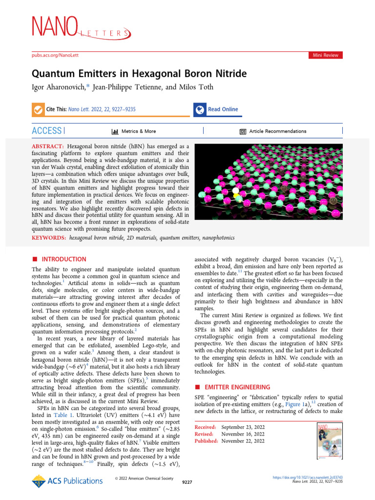 Aharonovich Et Al 2022 Quantum Emitters in Hexagonal Boron Nitride ...