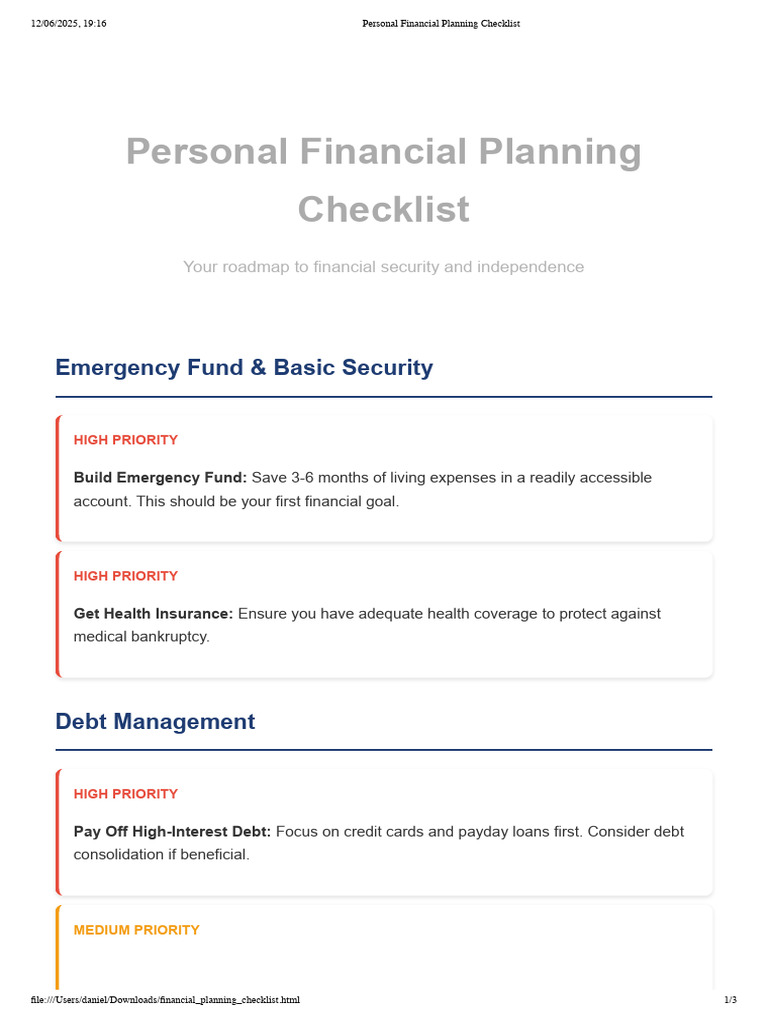 Personal Financial Planning Checklist | PDF | Debt | Insurance
