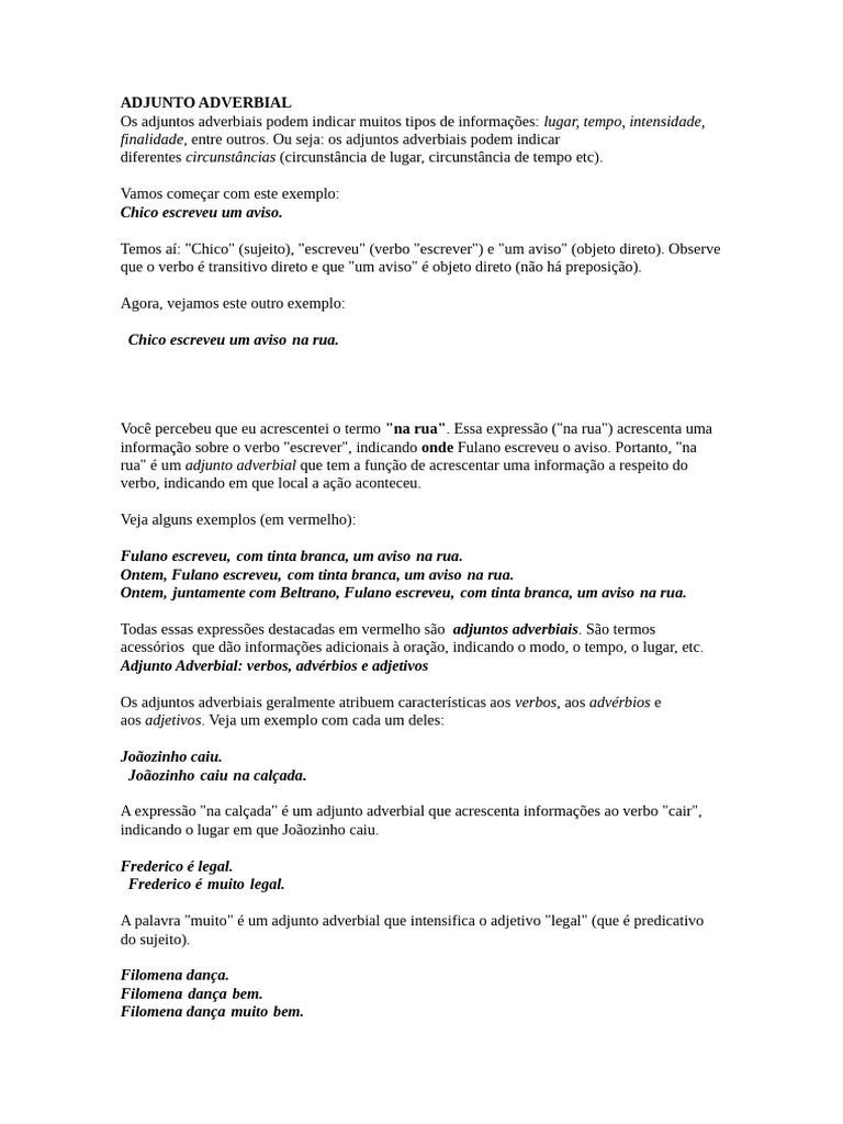 Tipos e Exemplos de Adjuntos Adverbiais | PDF | Advérbio | Assunto ...