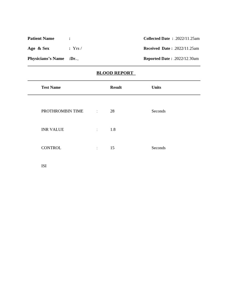 PT/INR Blood Report Format | PDF