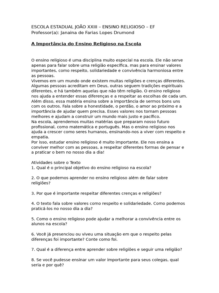 Importância do Ensino Religioso na Escola | PDF