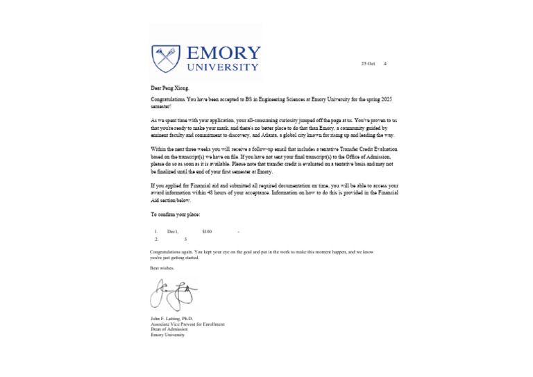 Emory University Acceptance Letter 2025 | PDF