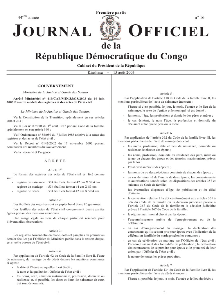 Modèle des registres d'état civil RDC | PDF | Mariage | Justice
