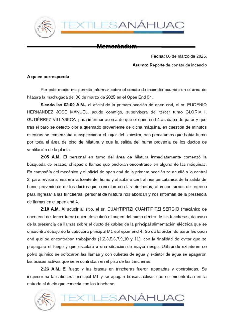Reporte de conato de incendio en hilatura | PDF