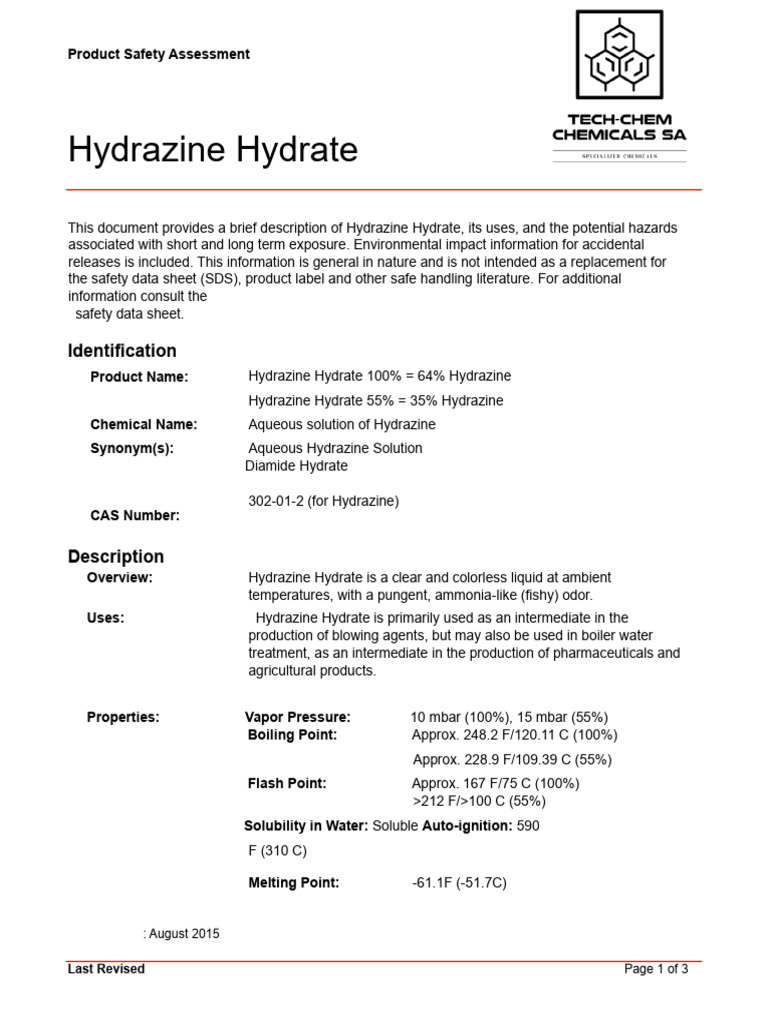 Hydrazine Hydrate Product Sheet | PDF | Toxicity | Water