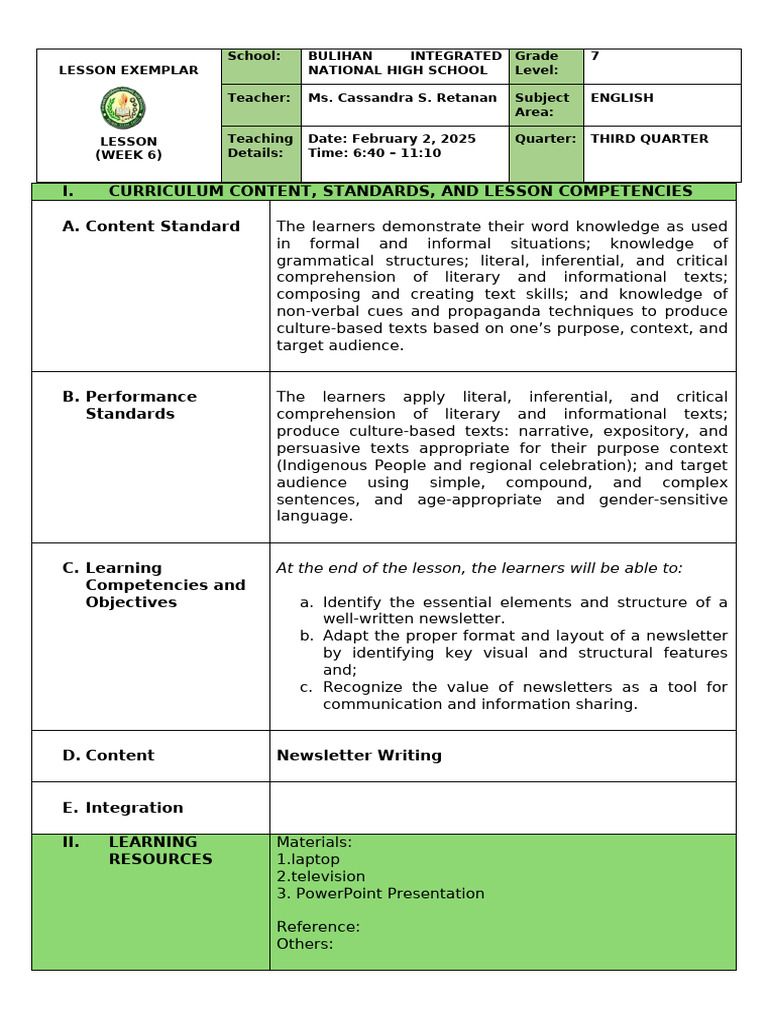 Grade 7 Newsletter Writing Lesson Plan | PDF | Page Layout | Learning