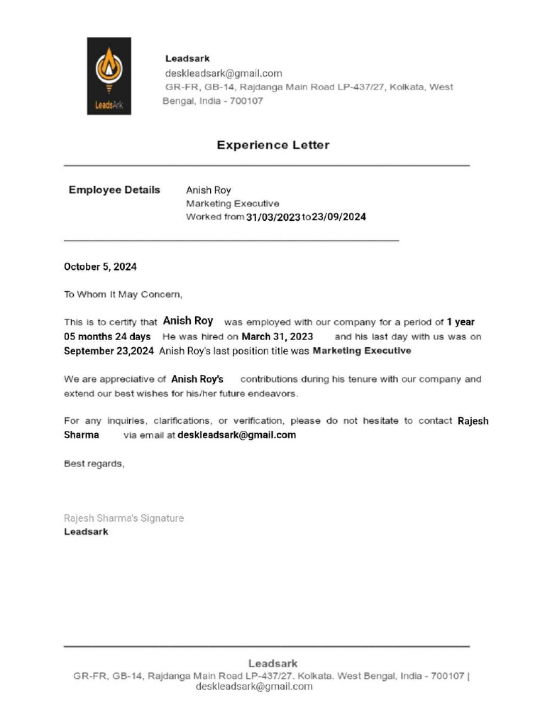 Experience Letter | PDF