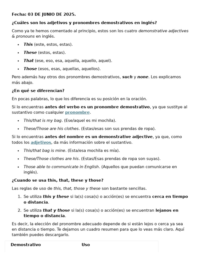 Adjetivos y Pronombres Demostrativos en Inglés | PDF | Relaciones ...