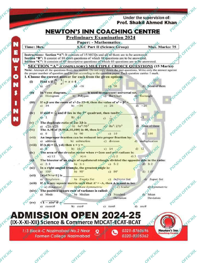 Newton's Inn Premilenry 2024 Maths (Panda Official) | PDF