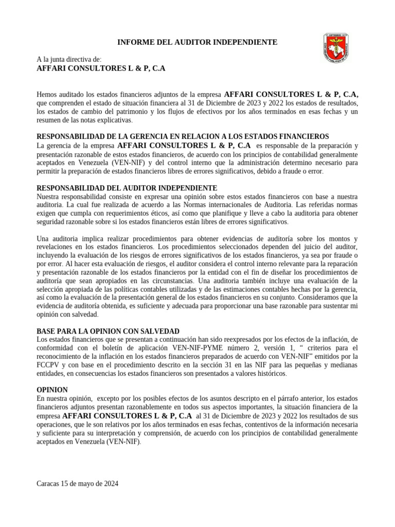 Informe de Auditoria 2023-2022 | PDF | Auditoría | Estado financiero