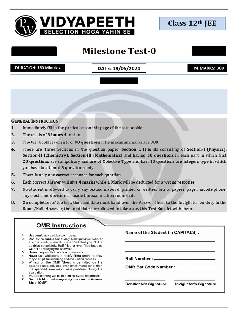 Milestone Test - 0 - Test Paper | PDF | Electric Field | Dipole