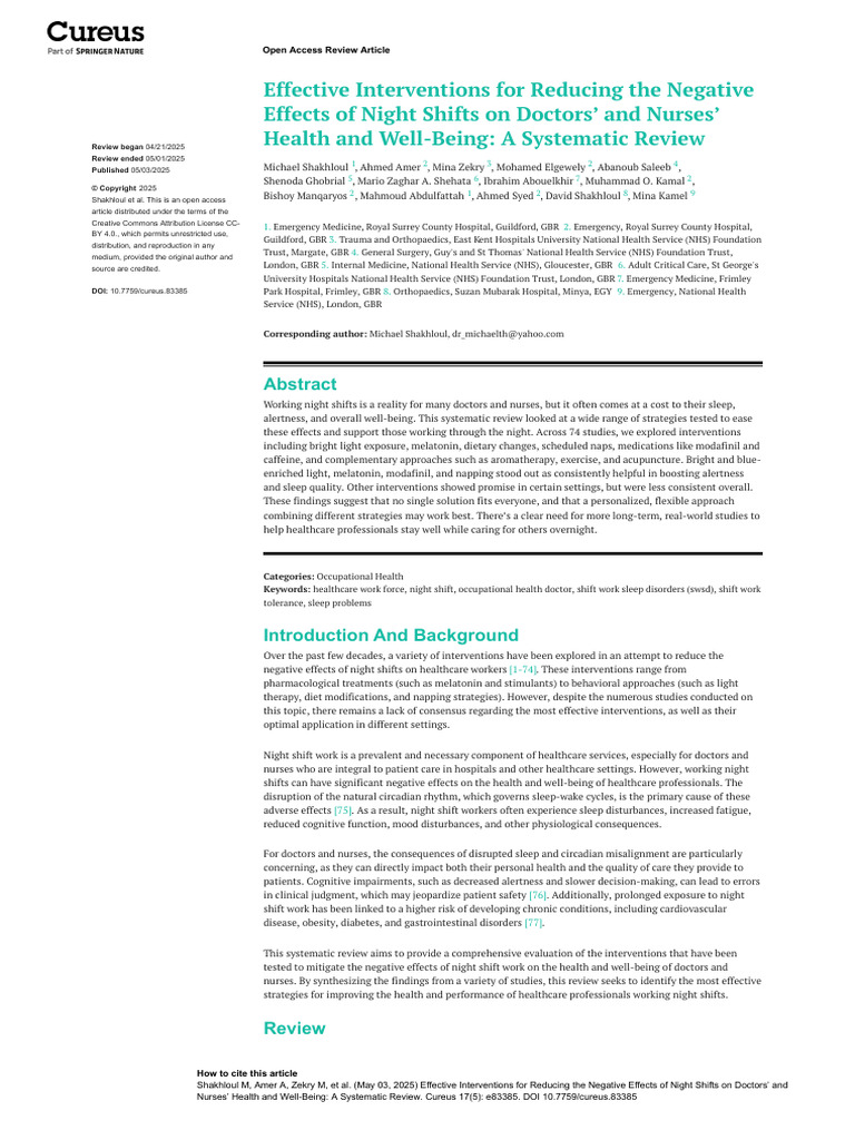 Night Shift Health Interventions Review | PDF | Shift Work | Medicine