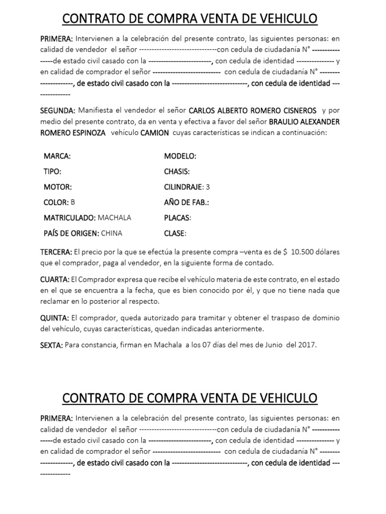 Contrato de Compra Venta de Vehículo | PDF | Camión | Vehículos