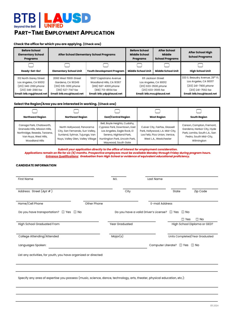 Beyond the Bell Job Application Form | PDF | Los Angeles | Employment