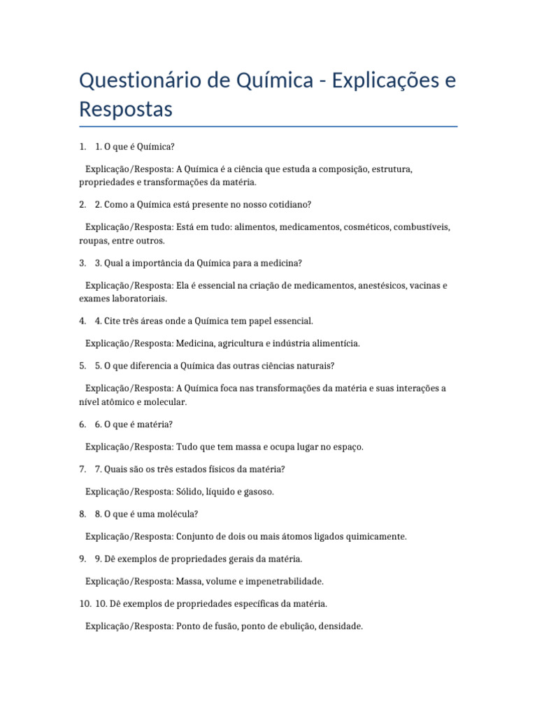 Questionário de Química: Perguntas e Respostas | PDF | Química ...