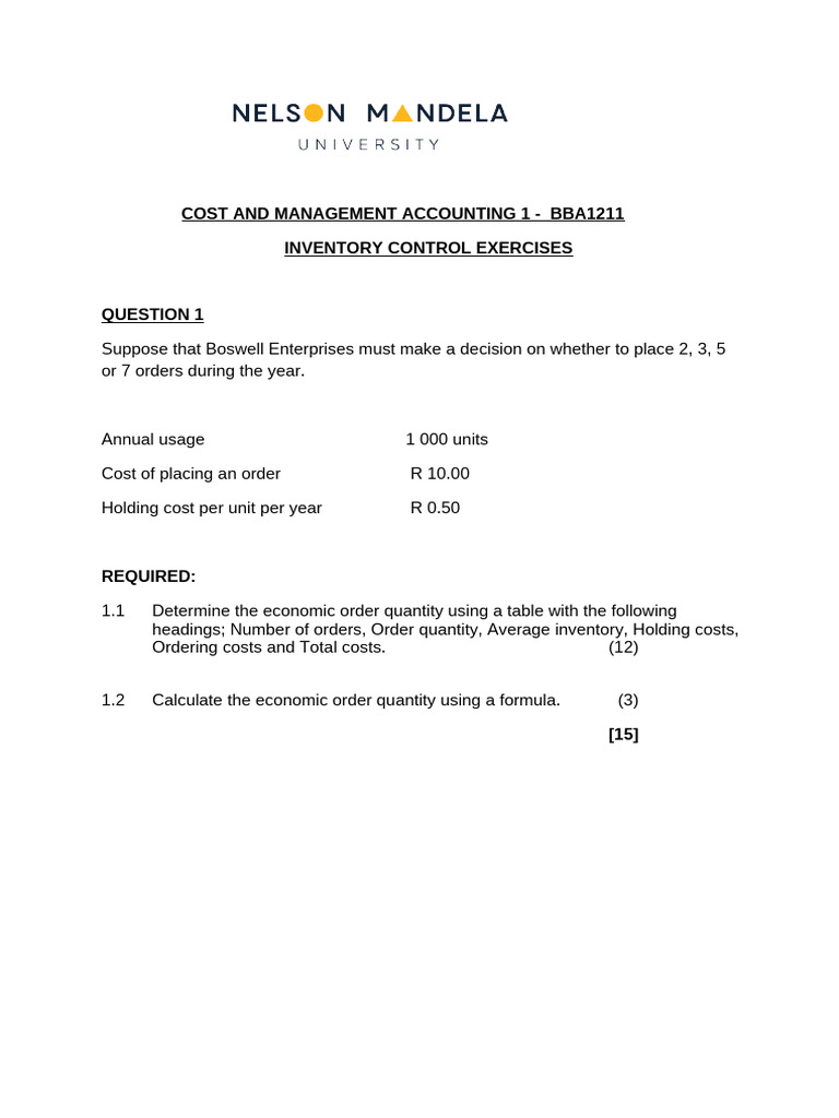 Inventory Control Exercises Bba1211 | PDF