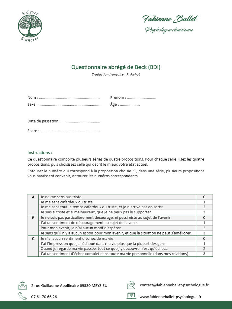 Questionnaire abrégé de Beck (BDI) | PDF | Dépression (psychiatrie)