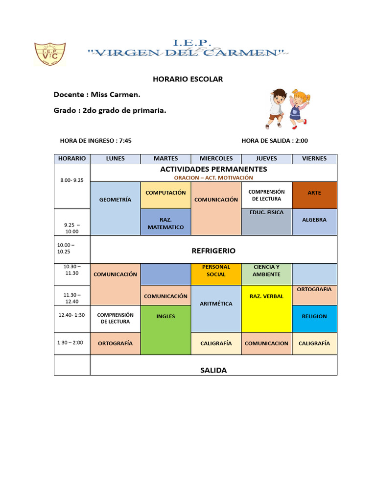 Horario de Clases 2do Grado Primaria | PDF
