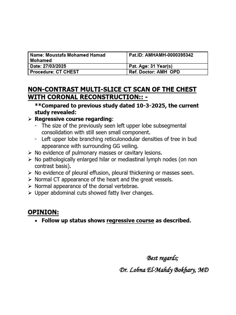 Non-Contrast Multi-Slice CT Scan of The Chest With Coronal ...