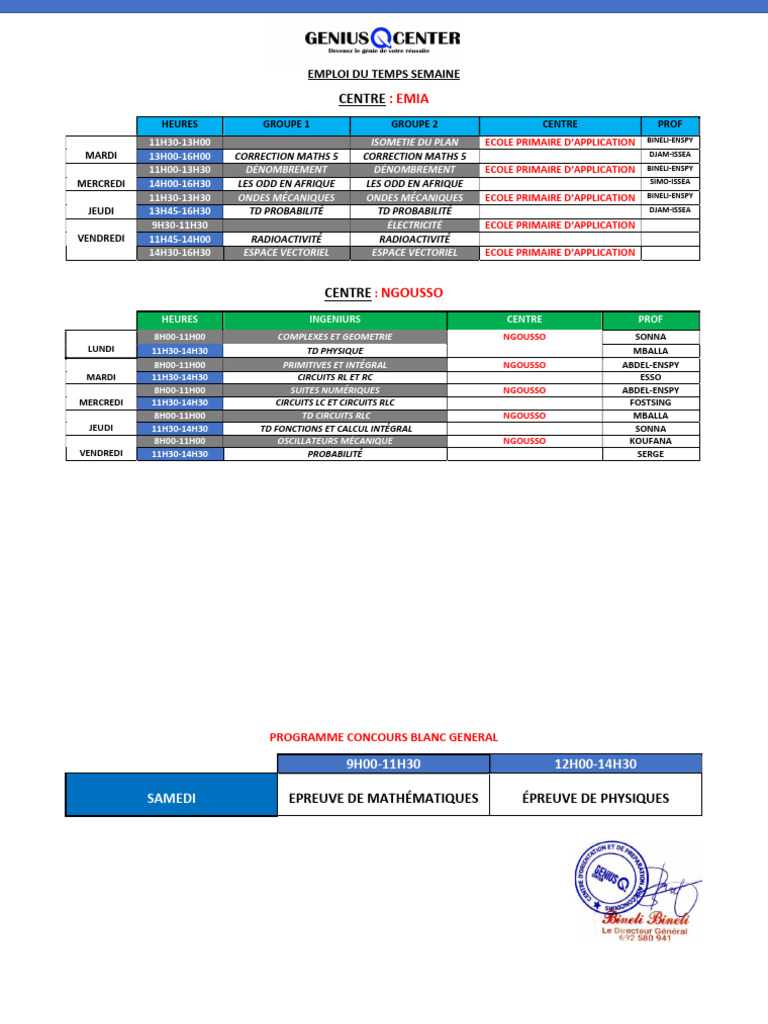 Emploi du Temps Semaine EMIA | PDF | Mathématiques