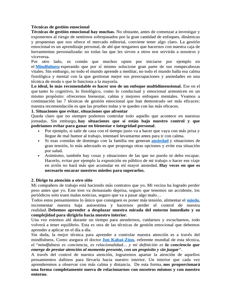 7 Técnicas Efectivas de Gestión Emocional | PDF | Las emociones ...
