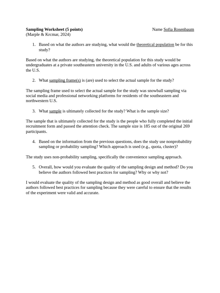 Sampling Worksheet Analysis | PDF