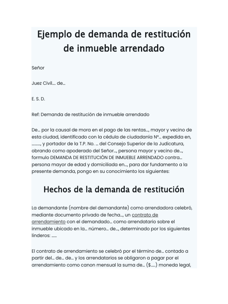 Demanda de Restitución de Inmueble Arrendado | PDF | Demanda judicial ...