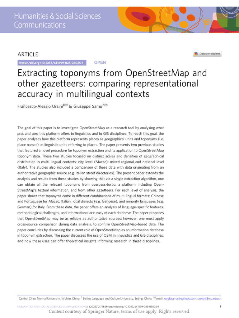Extracting Toponyms From OpenStreetMap and Other Gazetteers: Comparing ...