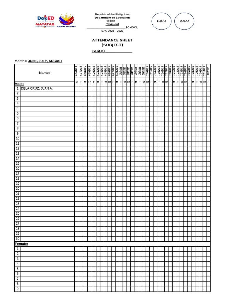 Attendance Sheet for SY 2025-2026 | PDF
