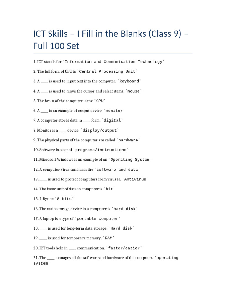 Class 9 ICT Fill in the Blanks Guide | PDF | Computer Keyboard ...
