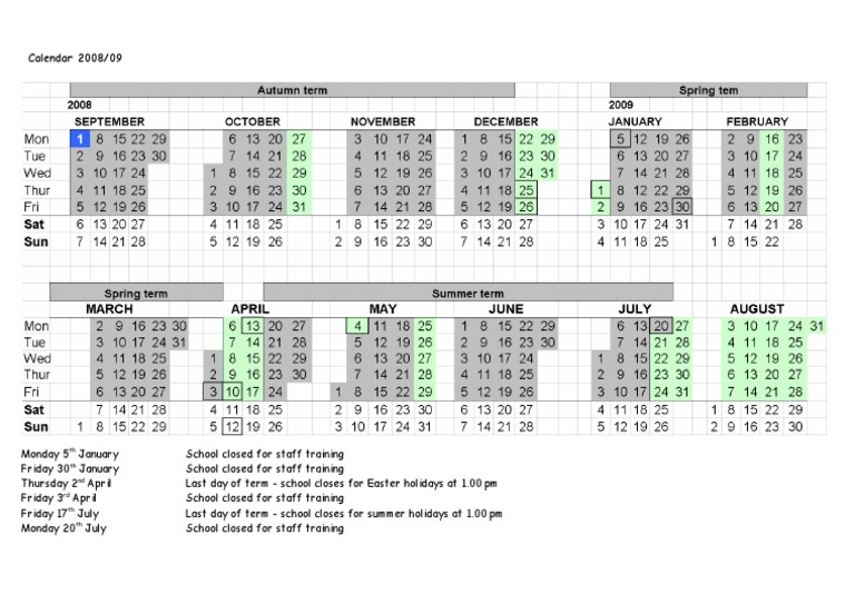 Rushcombe School Calendar 2008-09 | PDF