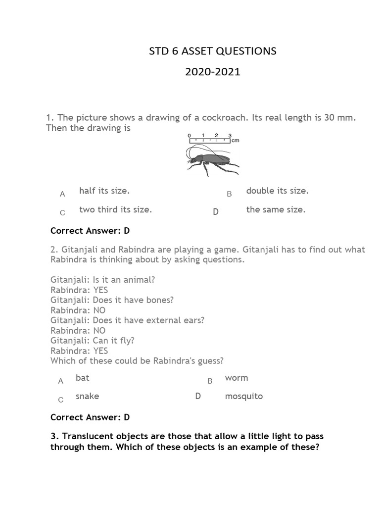 STD 6 Asset Questions 2020-2021 | PDF