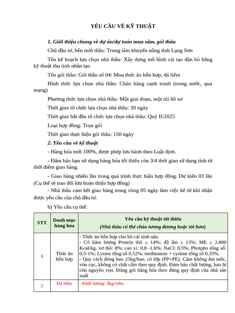 Chuong V Yeu Cau Ky Thuat (TH C Ăn Cho Bò) 2025 | PDF