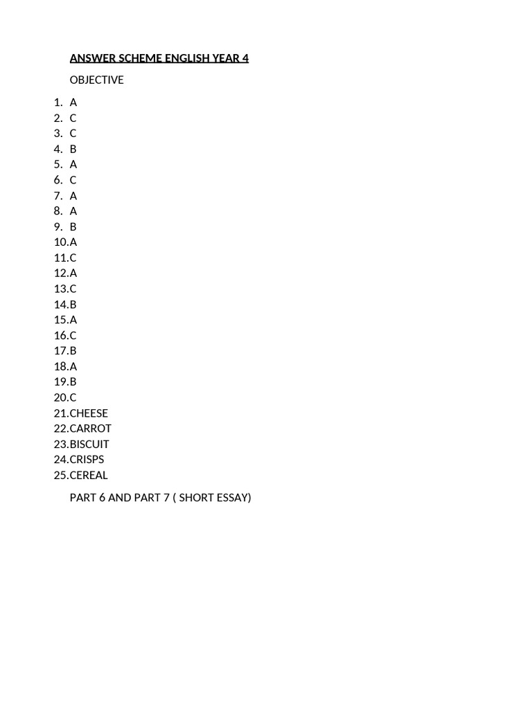 Answer Scheme English Year 4 | PDF