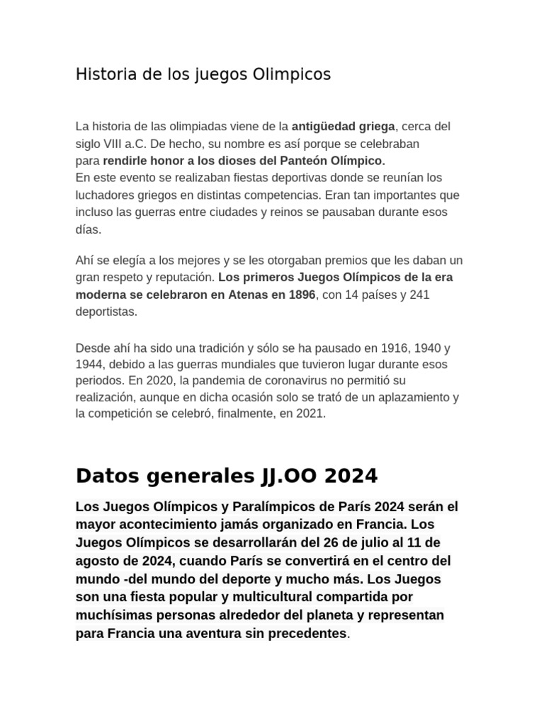 Historia y datos de los Juegos Olímpicos | PDF | Juegos olímpicos ...
