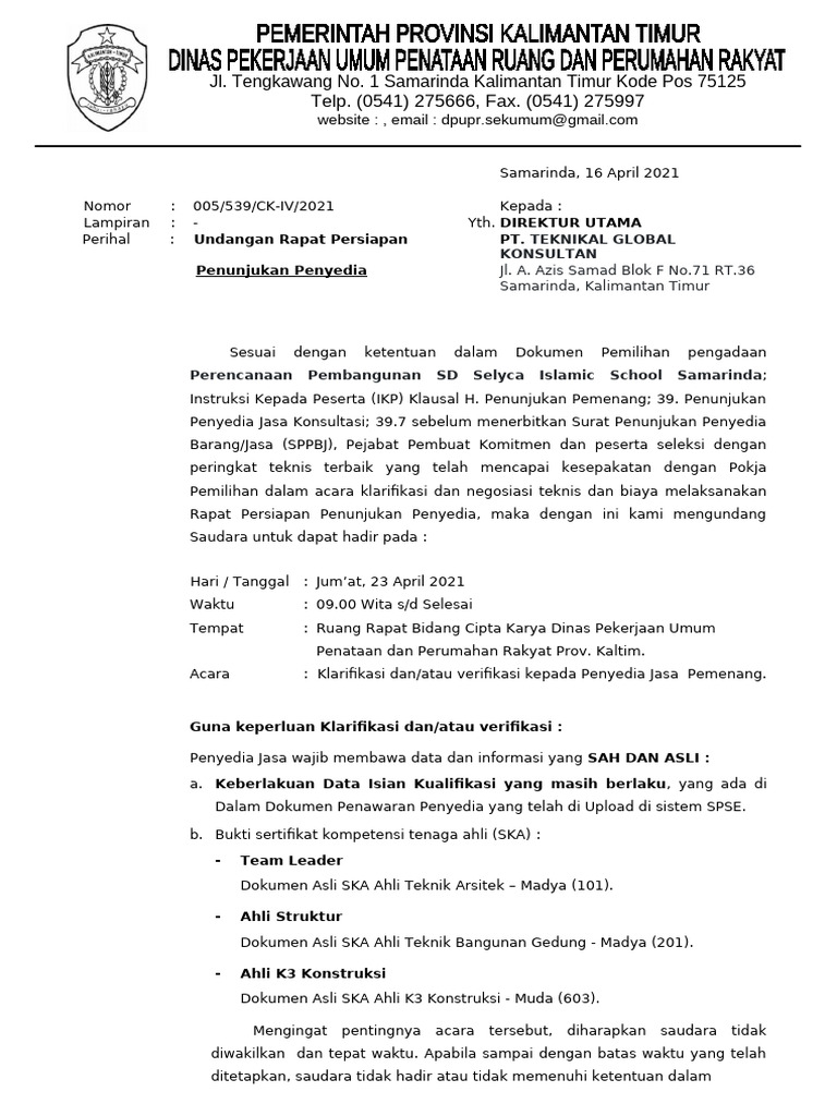 Undangan Rapat Penunjukan Penyedia | PDF