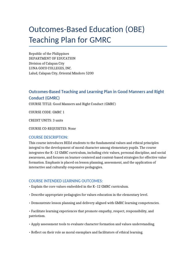 OBE Teaching Plan for GMRC Course | PDF | Curriculum | Learning