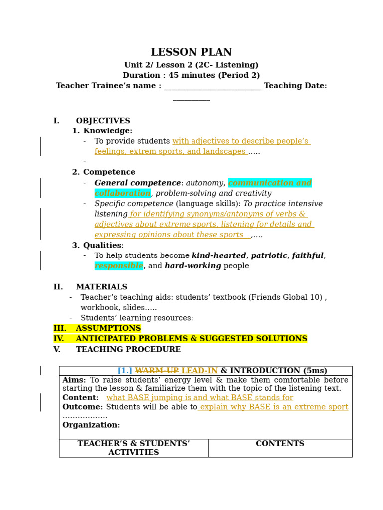 Listening Lesson Plan (2C Friends Global) | PDF | Lesson Plan | Teachers