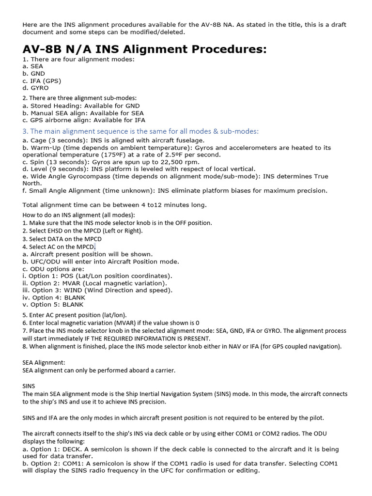 AV-8B N/A INS Alignment Procedures | PDF | Inertial Navigation System ...