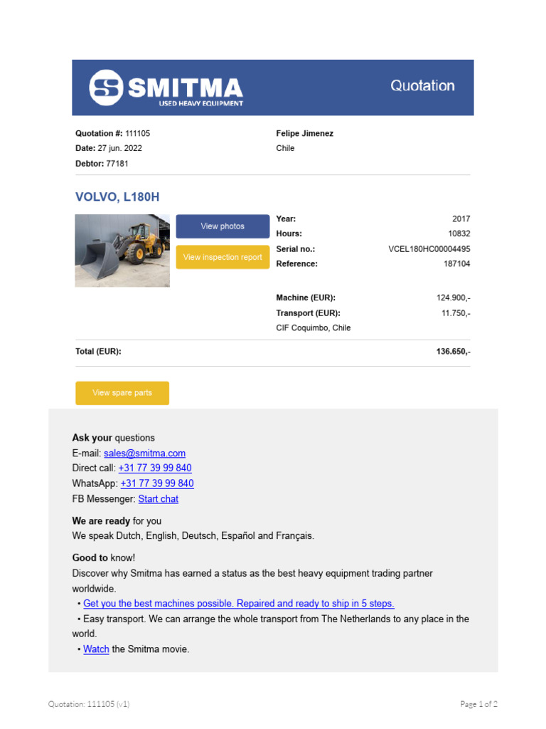 Your Quotation For The VOLVO L180H | PDF