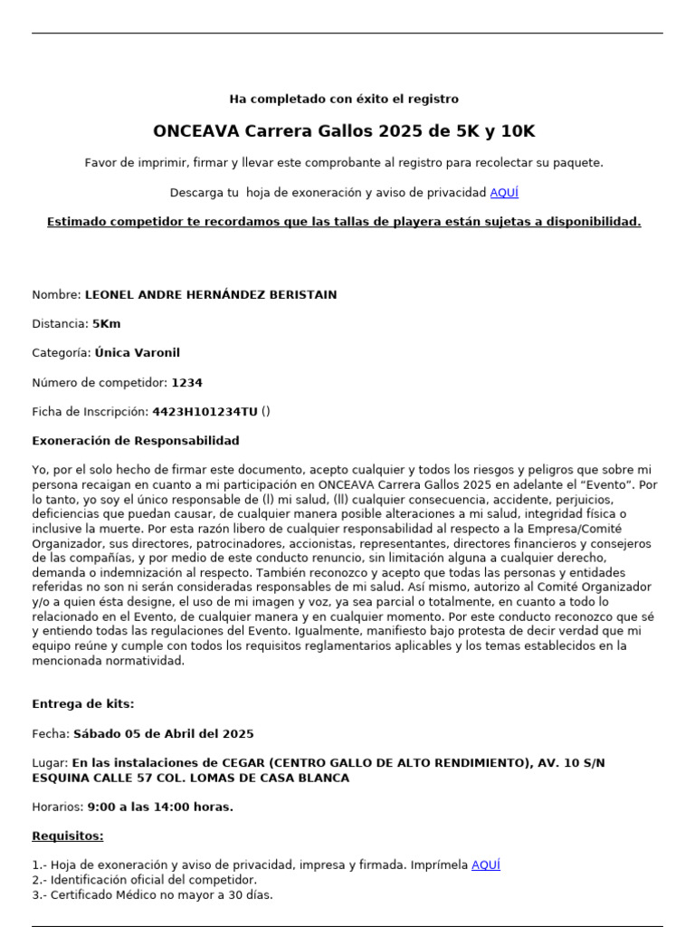 Registro ONCEAVA Carrera Gallos 2025 | PDF