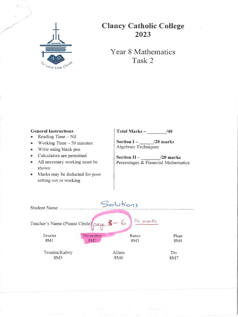 Year 8 Task 2 Solutions | PDF