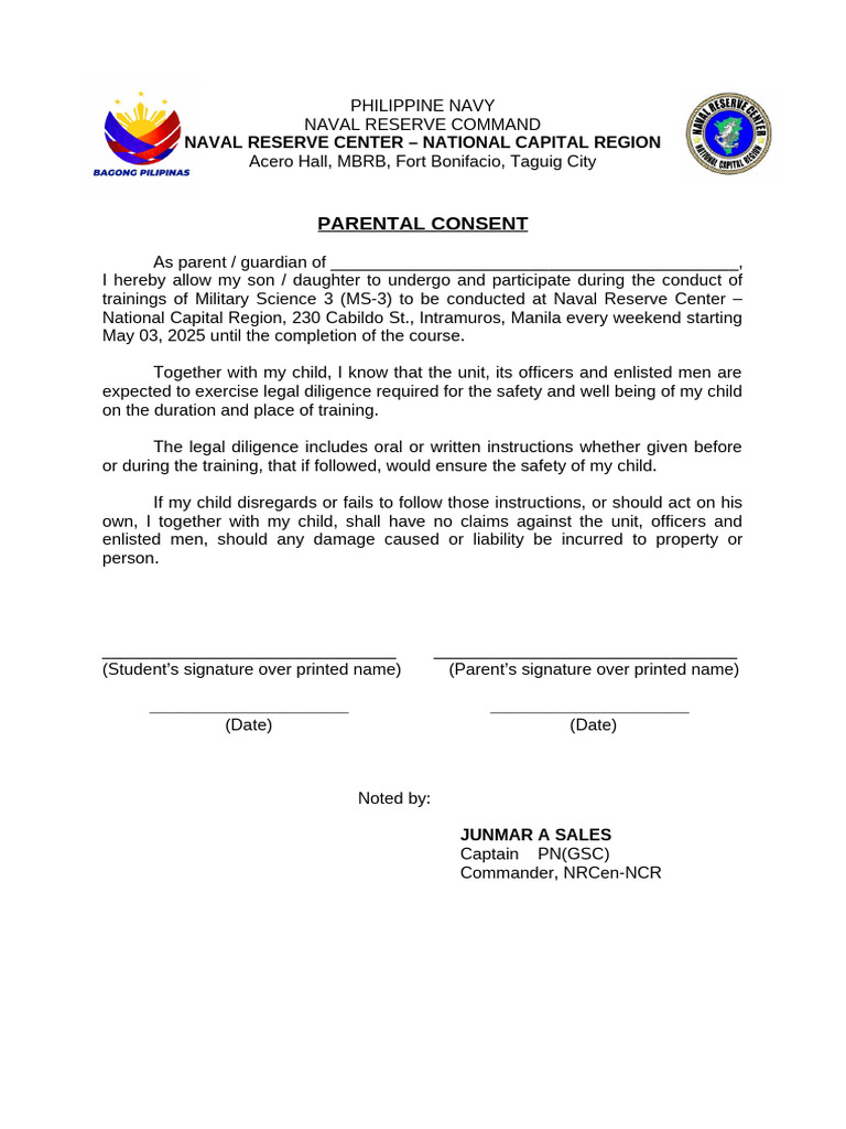 Parental Consent for Military Training | PDF