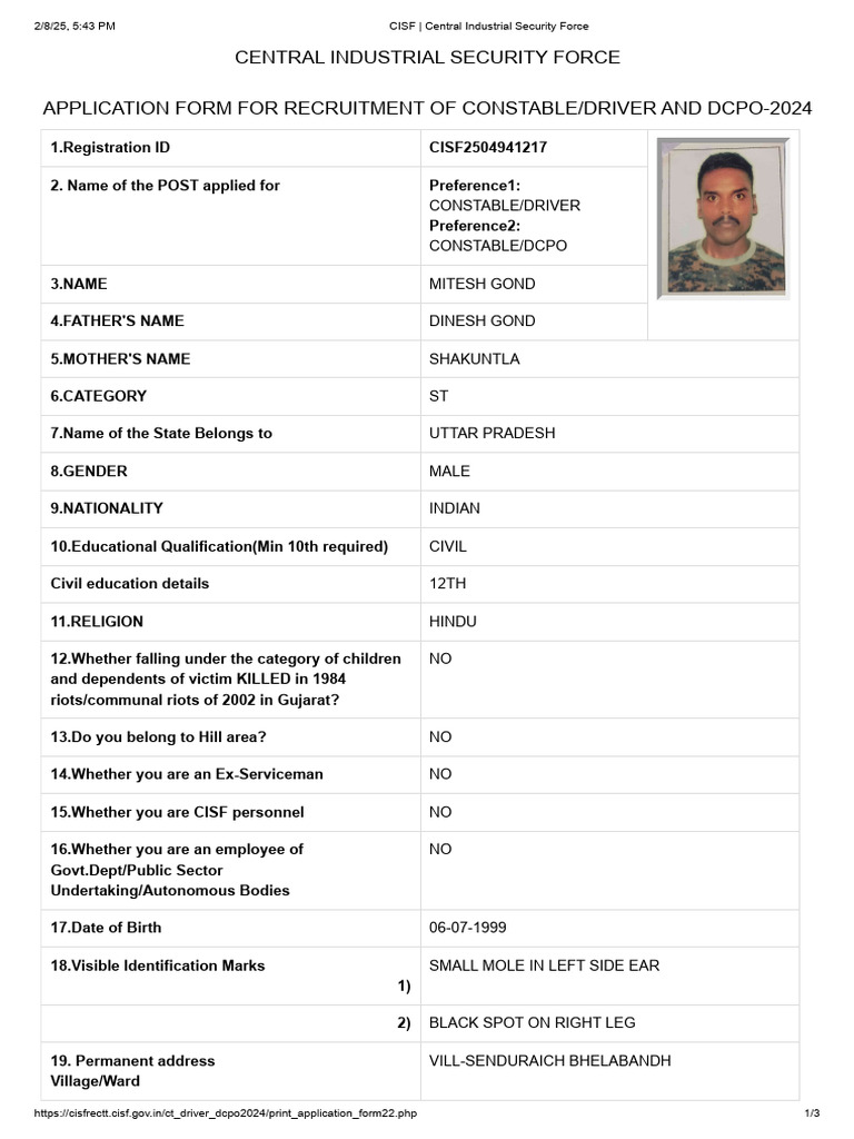 CISF Constable/Driver Application 2024 | PDF | Driver's License