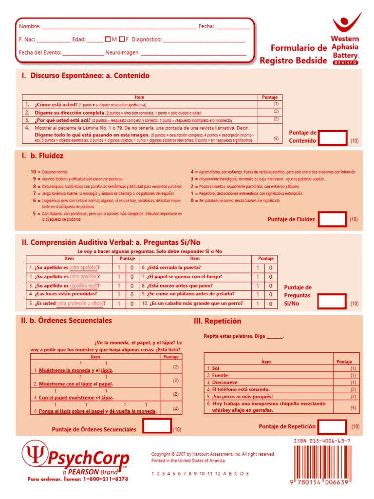 WAB-R Bedside: Evaluación de Afasia | PDF | Afasia | Comunicación humana