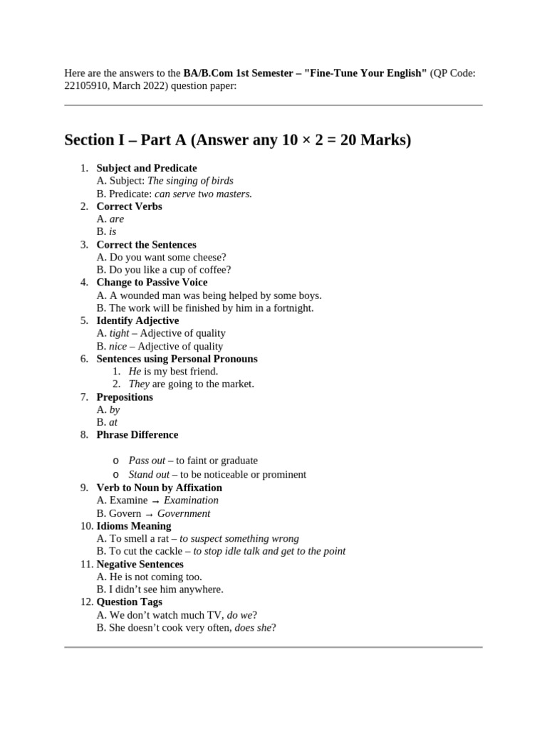 BA/B.Com 1st Sem English Exam Answers | PDF | Subject (Grammar) | Verb