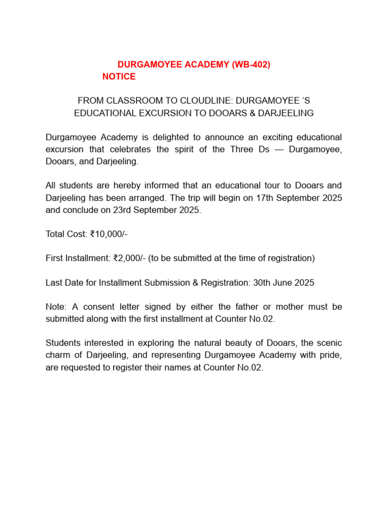 Durgamoyee Academy Educational Tour Notice | PDF