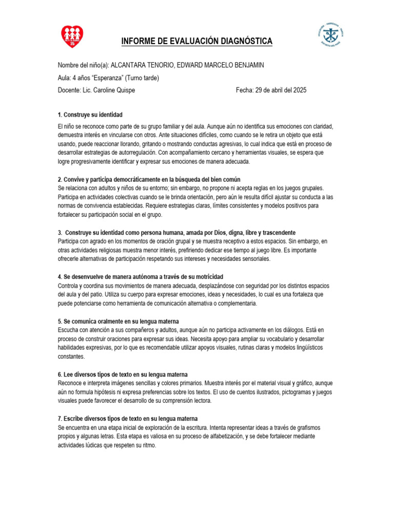 Informe de Evaluación Infantil 4 Años | PDF | Las emociones | Comunicación