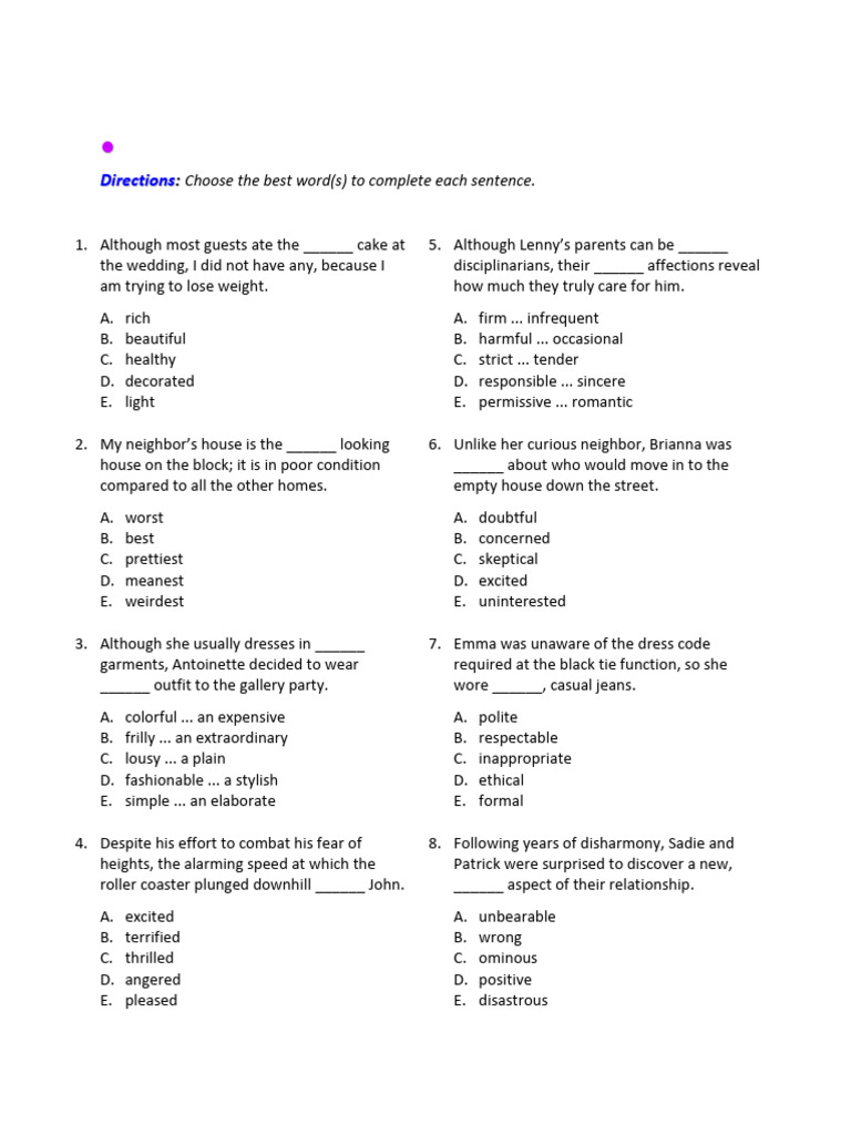Sentence Completion Practice Test | PDF | Clothing